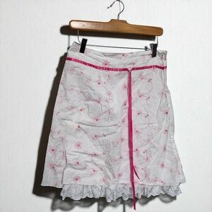 Vintage Y2K Floral Ribbon Skirt White Pink Lace Trim Fairycore Balletcore M